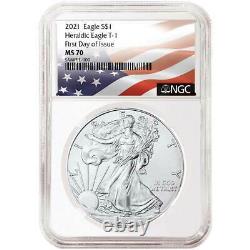 2021 $1 American Silver Eagle 3pc. Set NGC MS70 FDI Flag Label Red White Blue