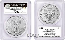 2021 $1 Heraldic Silver Eagle Type 1 PCGS MS70 First Day of Issue Mercanti