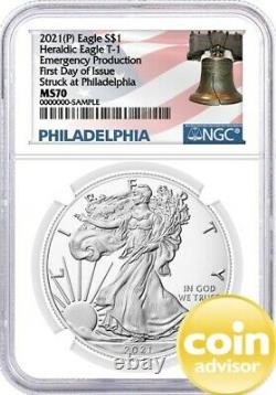 2021 $1 (P) Silver Eagle Emergency Production NGC MS70 First Day Issue