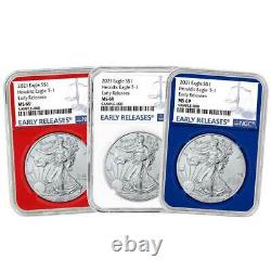 2021 $1 Type 1 American Silver Eagle 3pc. Set NGC MS69 Blue ER Label Red White B