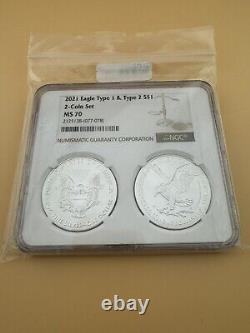 2021 $1 Type T-1 and T-2 Production American Silver Eagle Set NGC MS70