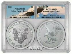 2021 2 x 1 Oz Silver AMERICAN EAGLE PCGS MS70 Type 1 N Type 2 BU Coin