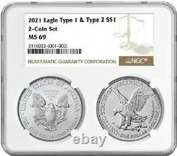 2021 American Silver Eagle 2 Coin Set NGC MS69 Type 1 & Type 2 Brown Label JL478