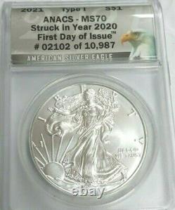 2021 American Silver Eagle Anacs Ms70 $1 Struck In Year 2020 First Day Of Issue