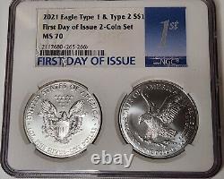2021 American Silver Eagle Coins Type 1 & Type 2 FDOI 2 Two Coin Set NGC MS70