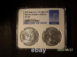 2021 American Silver Eagle Type 1 & 2 Coin Set Ngc Ms 70 Fdoi First Day Of Issue