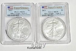 2021 American Silver Eagle Type 1 & Type 2 PCGS MS70, Brilliant UNCIRCULATED