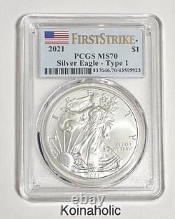 2021 American Silver Eagle Type 1 & Type 2 PCGS MS70, Brilliant UNCIRCULATED