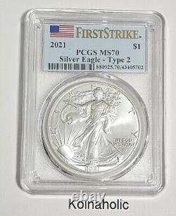 2021 American Silver Eagle Type 1 & Type 2 PCGS MS70, Brilliant UNCIRCULATED