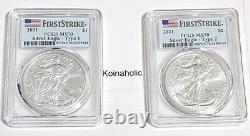 2021 American Silver Eagle Type 1 & Type 2 PCGS MS70, Brilliant UNCIRCULATED