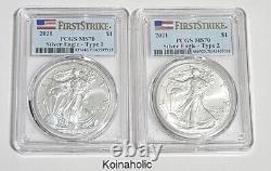 2021 American Silver Eagle Type 1 & Type 2 PCGS MS70, Brilliant UNCIRCULATED