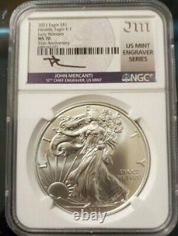 2021 HERALDIC SILVER EAGLE 35th ANNIV NGC MS70 EARLY RELEASES TYPE 1 MERCANTI JM