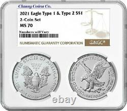 2021 NGC MS 70 Type 1 and Type 2 American Silver Eagle Set Great Collectible