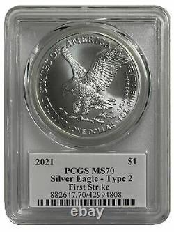 2021 PCGS MS70 T-2 First Strike American Silver Eagle signed Damstra Designer