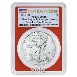 2021 (S) $1 American Silver Eagle PCGS MS70 Emergency Issue FDOI Flag Label Red