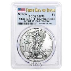 2021-(S) Silver American Eagle 1 oz MS70 PCGS FDOI EI Flag Label Type 1 Coin