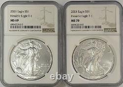 2021 Silver Eagle Heraldic Eagle T-1 NGC MS69 / MS70 2 Coin Set