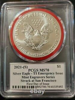 2021 (s) Emergency Silver Eagle Pcgs Ms70 Fdoi Mercanti Mint Engraver Series Red