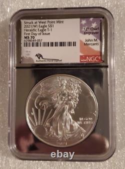 2021 (w) T-1 Ngc Ms70 Fdi Silver Eagle Struck At West Point Mercanti Flag Label