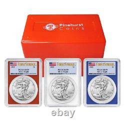 2022 $1 American Silver Eagle 3pc Set PCGS MS70 FS Flag Label Red White Blue