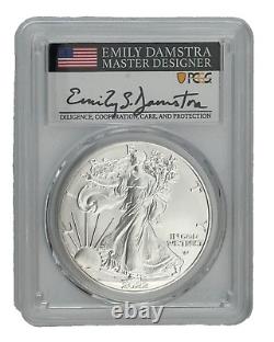 2022 Pcgs Ms70 Silver Eagle First Strike Signed Emily Damstra Black Flag Label