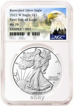 2022 W BURNISHED SILVER EAGLE, NGC MS70 FIRST DAY OF ISSUE, with OGP, MTN LABEL