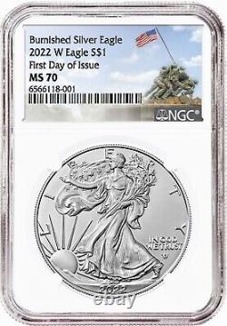 2022 W Burnished $1 American Silver Eagle NGC MS70 First Day of Issue Iwo Jima %