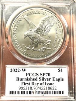 2022 W Burnished Silver Eagle PCGS MS70 First Day of Issue Damstra Signed +++