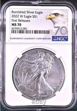 2022 w burnished silver eagle, ngc ms70 first releases, with ogp, silver eagle 70