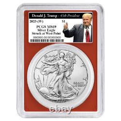 2023 (W) $1 American Silver Eagle 3pc Set PCGS MS69 Trump 45th Label Red White B