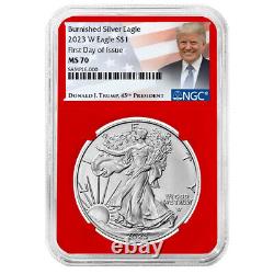2023-W Burnished $1 American Silver Eagle 3pc Set NGC MS70 FDI Trump Label Red W