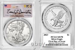 2023 (w) Silver Eagle Pcgs Ms70 Fdoi Struck At West Point Damstra Signed Label