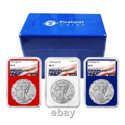 2024 $1 American Silver Eagle 3pc Set NGC MS70 Flag Label Red White Blue