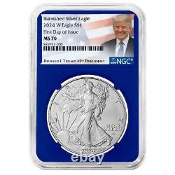 2024-W Burnished $1 American Silver Eagle NGC MS70 FDI Trump Label Blue Core