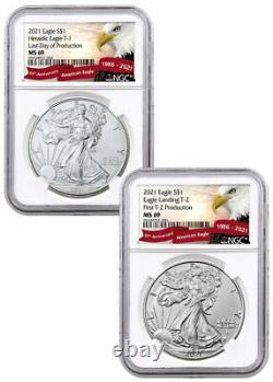 2PC 2021 American Silver Eagle T1 Last Day T2 First Production NGC MS69
