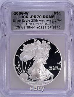 3-pc 2006 American Silver Eagle 20th Anniversary Set ICG MS70 & PF70 First Day