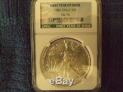 #5-1986 Silver American Eagle Dollar NGC MS 70 Perfect Grade First Year Label