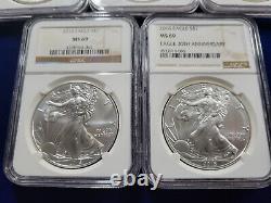 (5) 2012-2016 $1 American Silver Eagle 1 oz. 999 Coins NGC MS69 (5 oz total)
