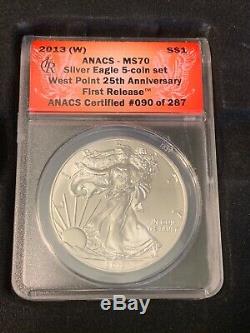 5-Coin 2013 W MS70 American Silver Eagle 25th Ann Set, First Release DCAM, ANACS