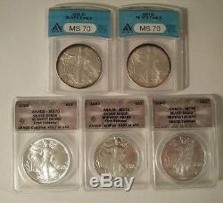 American Silver Eagle Coin Collection 1988 1989 2000 2001 2002 ANACS MS70
