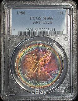 Cool 1986 PCGS MS66 Gem Rainbow Target Toned American Silver Eagle