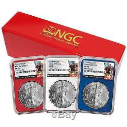 Daily Deal 2016 $1 American Silver Eagle NGC MS70 FDI 3pc Red, White, and Blue