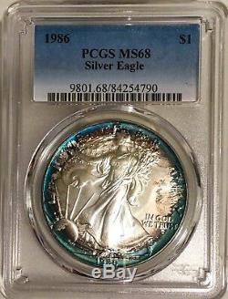 Framed In Blue1986 American Silver Eagle PCGS MS68 Vibrant Blue Circle Toned