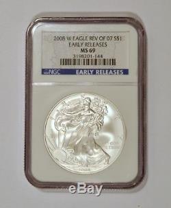Gem 2008 Reverse of'07 American Silver Eagle ASE MS69 Early Releases by NGC