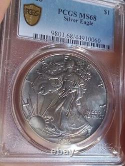 Gold Shield 1986 American Silver Eagle Pcgs Ms68 Red, Purple, Blue Unique Toning