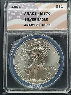 KEY DATE 1996 ANACS MS70 American Silver Eagle / Classic Flag Label / Light Spot