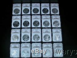 LOT OF 20 PIECES 1986-2005 AMERICAN SILVER EAGLE DOLLARS NGC MS 69 AND NGC BOX