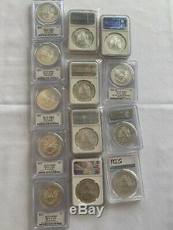 Lot 13 American Silver Eagles NGC PCGS MS69 Varied Dates Some Mercanti Signed