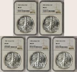 Lot 5 Coins 1987 American Silver Eagle Dollar $1 MS 69 NGC