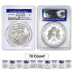 Lot of 10 2016-W 1 oz Silver American Eagle $1 Coin PCGS MS 70 First Strike We